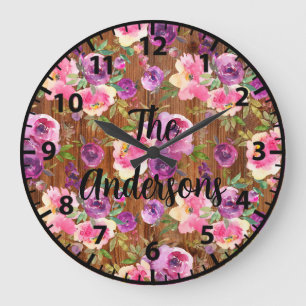 Reloj Redondo Grande Flores de madera rústica personalizadas rosas rosa