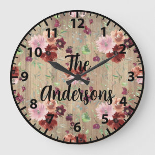 Reloj Redondo Grande Flores de madera rústica personalizadas Rosas rosa