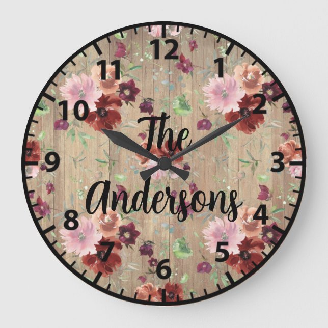 Reloj Redondo Grande Flores de madera rústica personalizadas Rosas rosa (Anverso)