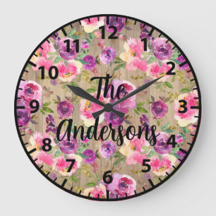 Reloj Redondo Grande Flores de madera rústica personalizadas Rosas rosa