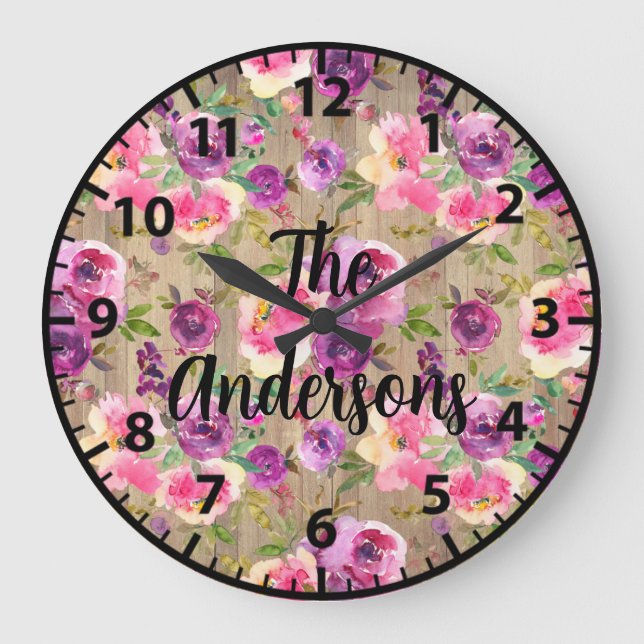 Reloj Redondo Grande Flores de madera rústica personalizadas Rosas rosa (Anverso)