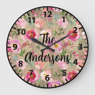 Reloj Redondo Grande Flores de madera rústica personalizadas rosas rosa