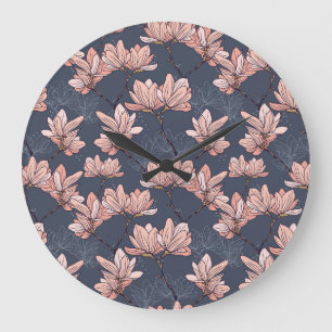 Reloj Redondo Grande Flores de magnolia japonesas, sin costura, de esti