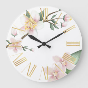 Reloj Redondo Grande Flores de manzano en acuarela y números romanos do