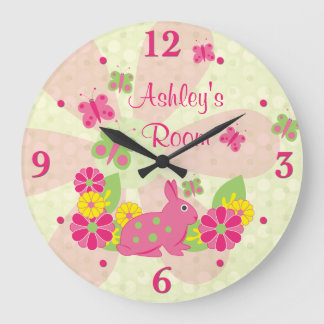Reloj Redondo Grande Flores de mariposas de conejo de conejo verde rosa