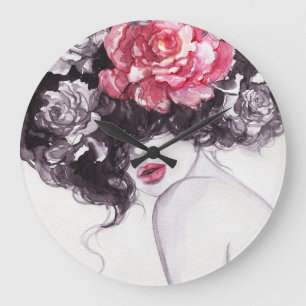Reloj Redondo Grande Flores De Mujer, Fondo De Color De Moda.