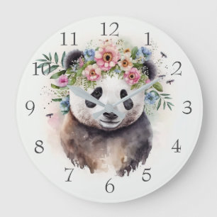 Reloj Redondo Grande Flores de Panda Acuarela                        