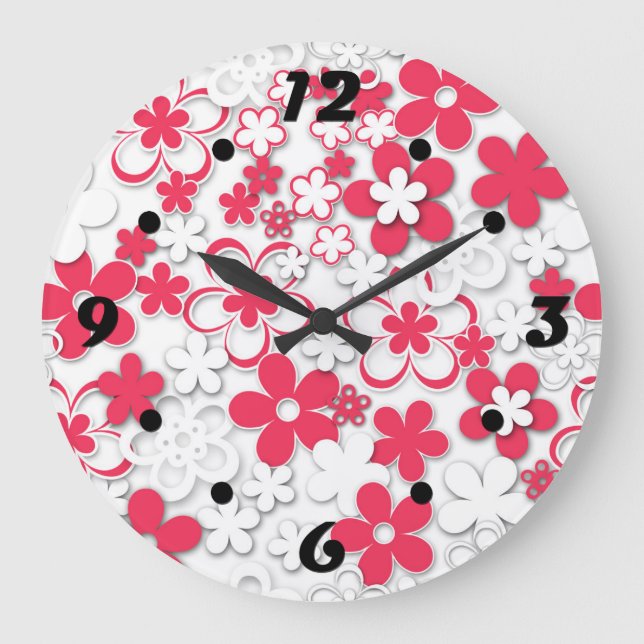 Reloj Redondo Grande Flores de papel rojo y blanco (Anverso)
