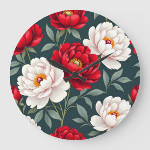 Reloj Redondo Grande Flores de peonía rojas y blancas