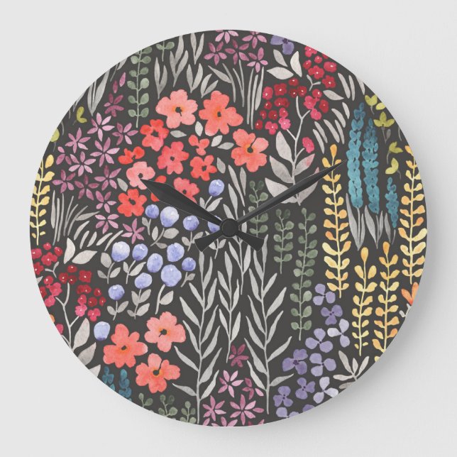 Reloj Redondo Grande Flores de pradera: acuarela floral sin foco (Anverso)