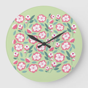 Reloj Redondo Grande Flores de primavera, hierbas, pancarta verde claro
