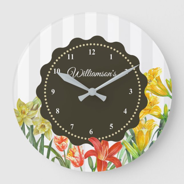Reloj Redondo Grande Flores de primavera naranja amarillo acuarela (Anverso)