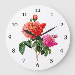 Reloj Redondo Grande flores de rosa rojas, rosadas botánicas vintage