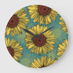 Reloj Redondo Grande Flores de sol de mano azul