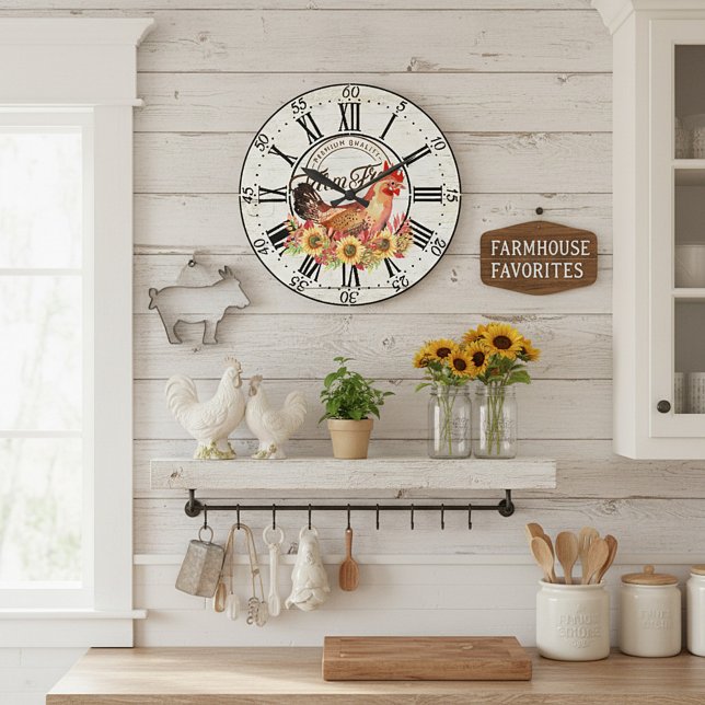 Reloj Redondo Grande Flores de sol y gallinas frescas (Subido por el creador)