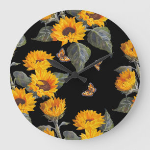 Reloj Redondo Grande Flores de sol y mariposas: fondo negro acuarela