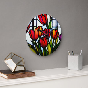 Reloj Redondo Grande "Flores de vidrio manchado: Tulipanes de luz de pl