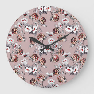 Reloj Redondo Grande Flores dibujadas a mano, acuarela rosa.
