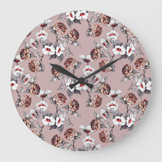 Reloj Redondo Grande Flores dibujadas a mano, acuarela rosa.