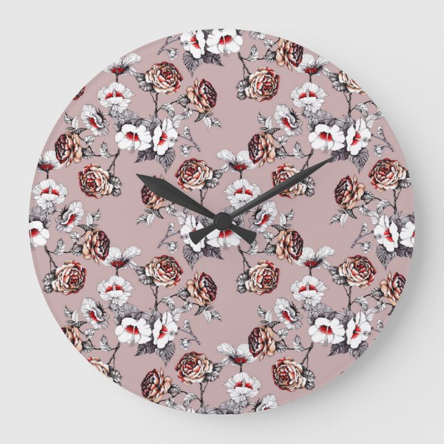 Reloj Redondo Grande Flores dibujadas a mano, acuarela rosa. (Anverso)