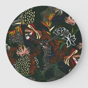 Reloj Redondo Grande Flores dibujadas a mano, palmeras tropicales.