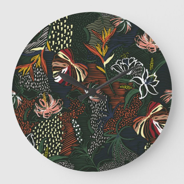 Reloj Redondo Grande Flores dibujadas a mano, palmeras tropicales. (Anverso)