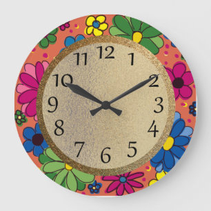 Reloj Redondo Grande Flores Dibujadas a Mano Verde Amarillo Rosa Naranj