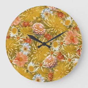 Reloj Redondo Grande Flores doradas de dalia, diseño floral vintage.