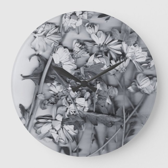Reloj Redondo Grande Flores en blanco y negro (Anverso)