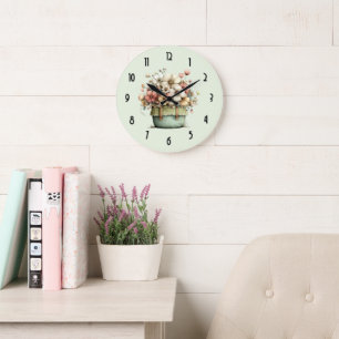 Reloj Redondo Grande Flores en una maceta acogedora shabby lindos