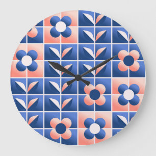 Reloj Redondo Grande Flores estilizadas retro: patrón mosaico.