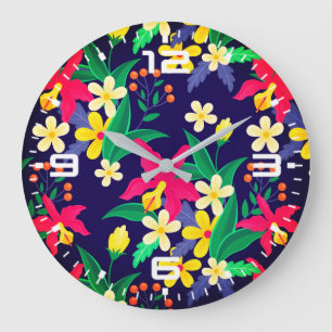 Reloj Redondo Grande Flores Exóticas Coloridas Patrón de Hojas-23021