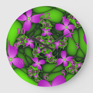 Reloj Redondo Grande Flores fractales abstractas modernas neón rosa ver