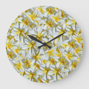 Reloj Redondo Grande Flores Frangipani Amarillas Y Blancas,