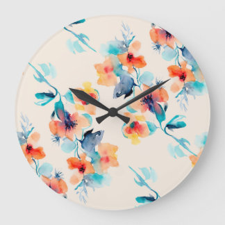 Reloj Redondo Grande Flores hibiscus: Patrón de Ilustracion acuarela