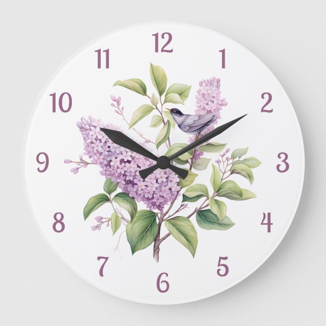 Reloj Redondo Grande Flores Lilac y pared de Ilustracion botánico de av (Anverso)