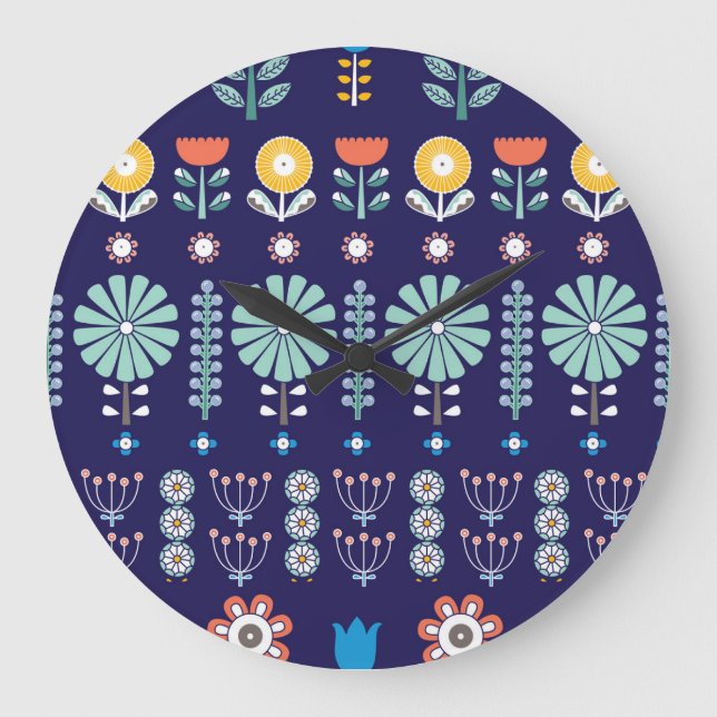 Reloj Redondo Grande Flores lineales escandinavas, motivo de verano (Anverso)