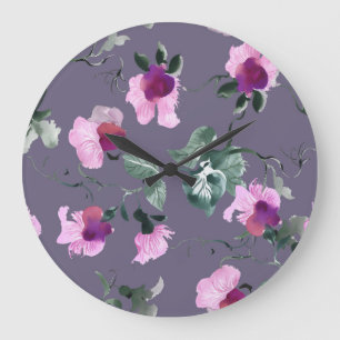Reloj Redondo Grande Flores moradas: acuarela sin costuras.
