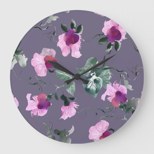 Reloj Redondo Grande Flores moradas: acuarela sin costuras. (Anverso)