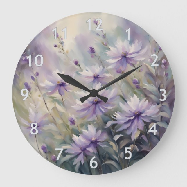 Reloj Redondo Grande Flores moradas dulces y románticas (Anverso)