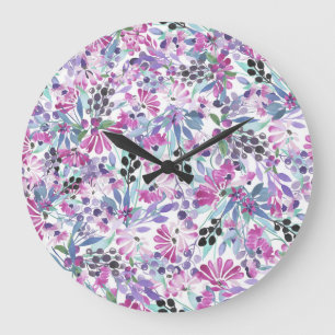 Reloj Redondo Grande Flores moradas y bayas: acuarela