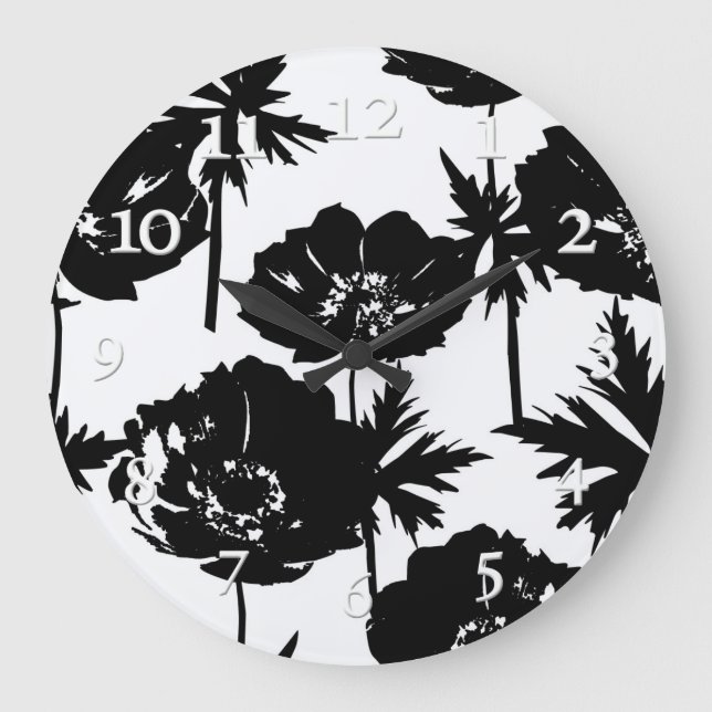 Reloj Redondo Grande Flores negras, blancas, monocromas (Anverso)