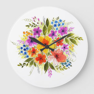 Reloj Redondo Grande Flores pintadas a mano, ramo de acuarela brillante