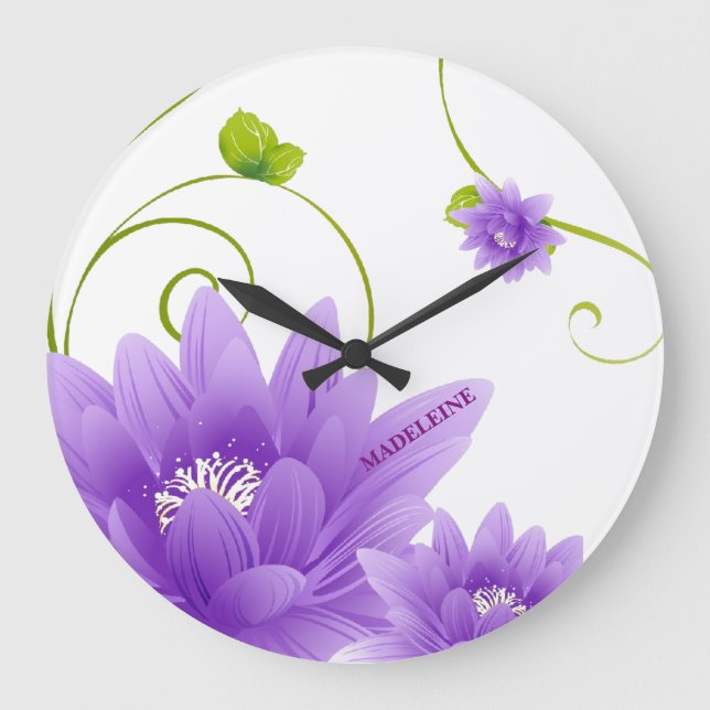 Reloj Redondo Grande Flores Púrpura Y Hojas Verdes (Anverso)