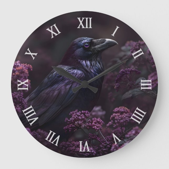 Reloj Redondo Grande Flores púrpuras góticas raven (Anverso)