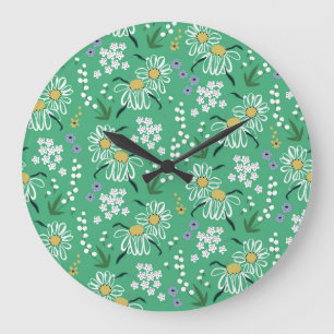 Reloj Redondo Grande Flores Retro, Patrón Botánico Sin Marea.