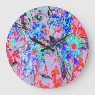 Reloj Redondo Grande Flores retro psicodélicas de Aqua verde y Naranja