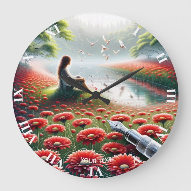 Reloj Redondo Grande Flores rojas Chicas de fantasía (Anverso)