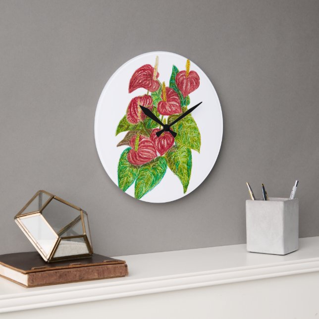 Reloj Redondo Grande flores rojas de anturio (Oficina)