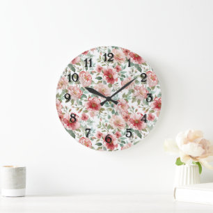 Reloj Redondo Grande Flores Rojas Rosadas